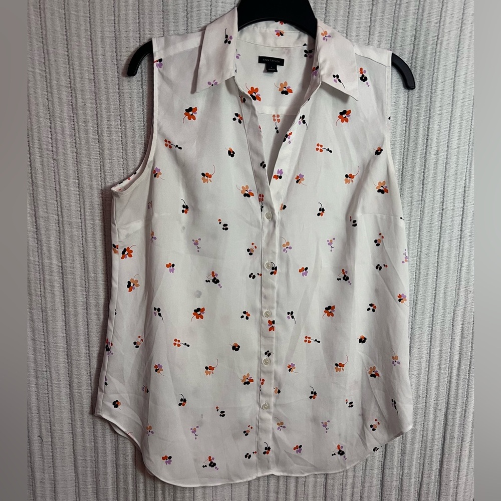 Ann Taylor White Floral Sleeveless Blouse